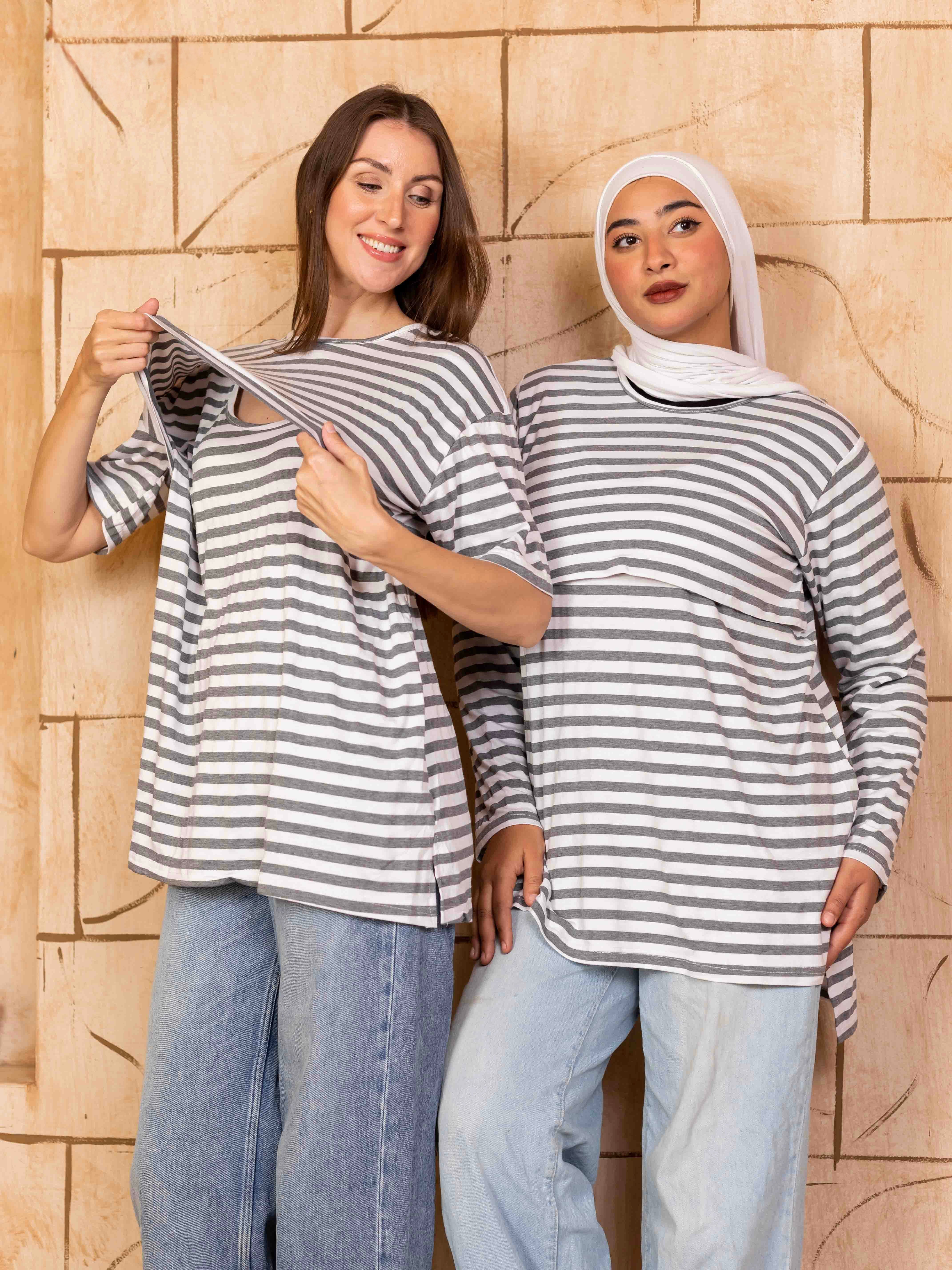 تيشيرت نص كم رضاعة قطن ليكرا مخطط