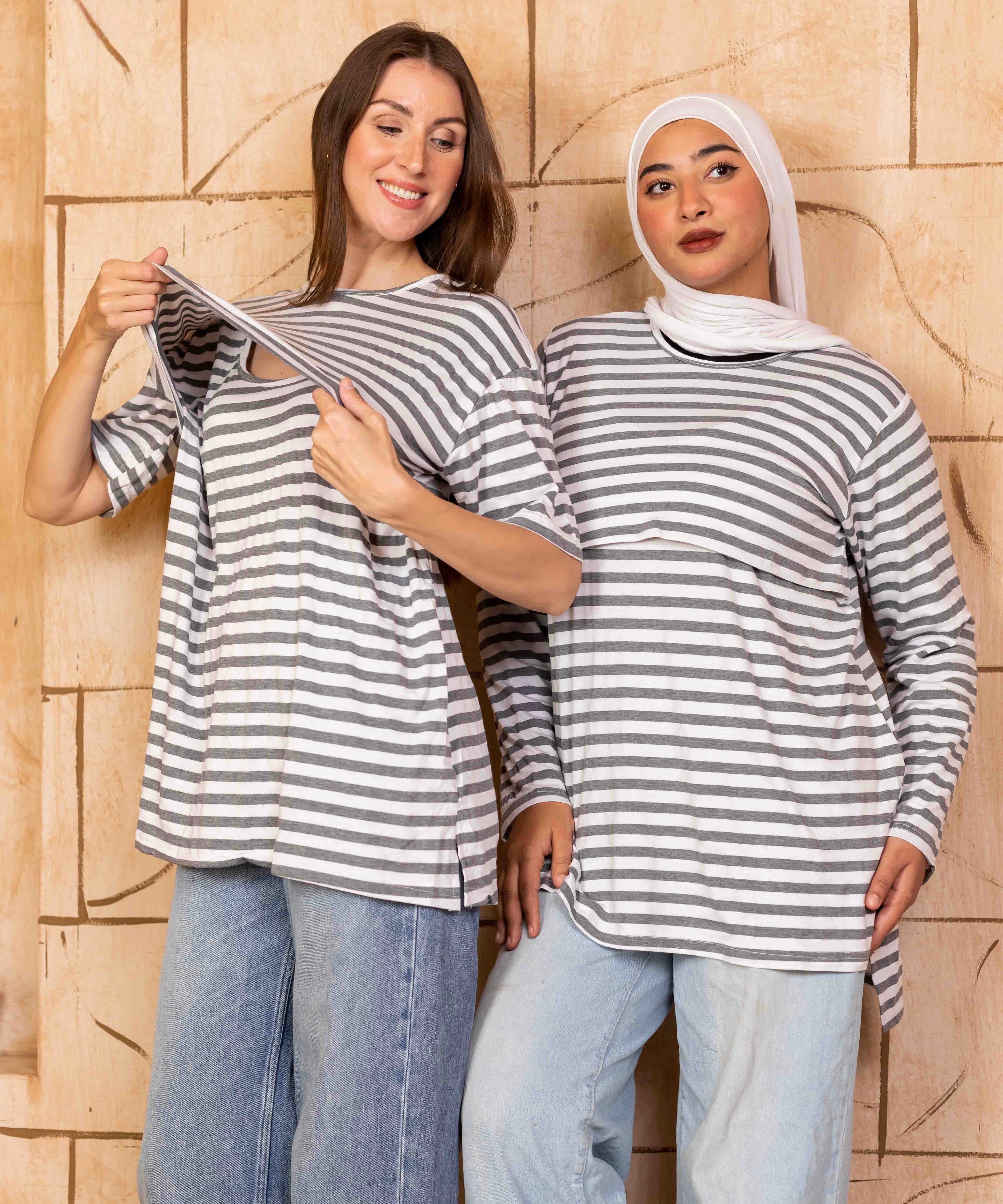 تيشيرت نص كم رضاعة قطن ليكرا مخطط